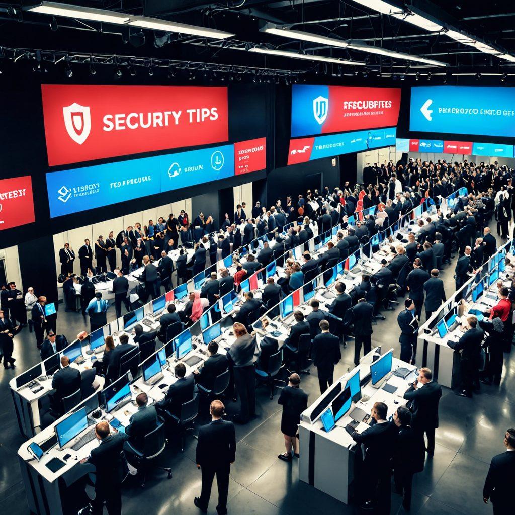 A dynamic scene showcasing a secure live event, featuring attentive security personnel monitoring a crowd, visible emergency exits, and a high-tech surveillance system. The atmosphere radiates safety and professionalism, with vibrant banners displaying 'Top 10 Security Tips'. A diverse audience enjoying the event, creating a sense of community. super-realistic. vibrant colors. 3D.