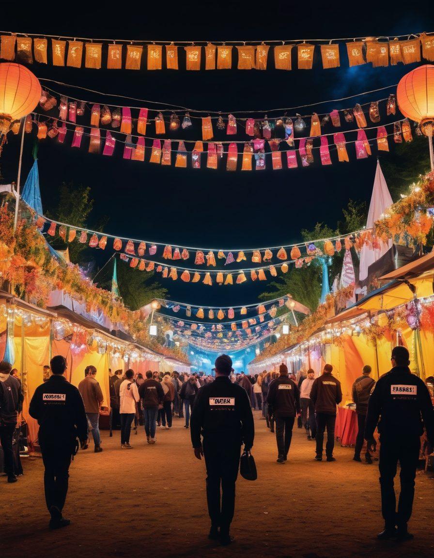 A bustling event scene showcasing a diverse group of security professionals diligently monitoring various activities, with state-of-the-art surveillance equipment and attendees enjoying a vibrant outdoor festival. High-tech gadgets and communication devices in use, emphasizing safety and awareness. Dramatic lighting highlighting the dynamic interaction between security and guests, capturing the essence of modern event security. super-realistic. vibrant colors. dynamic composition.