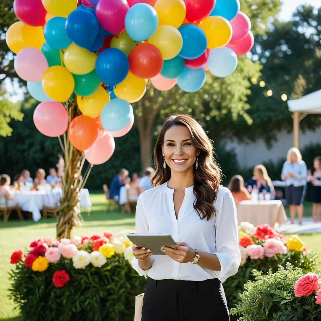 A confident event planner standing in front of a beautifully arranged event setting, holding a checklist and a tablet, with diverse people engaged in discussions around her. A sunny day with decorations like balloons and flowers, conveying an atmosphere of joy and success. Visual elements like calendars and planning notes subtly incorporated in the background. super-realistic. vibrant colors.